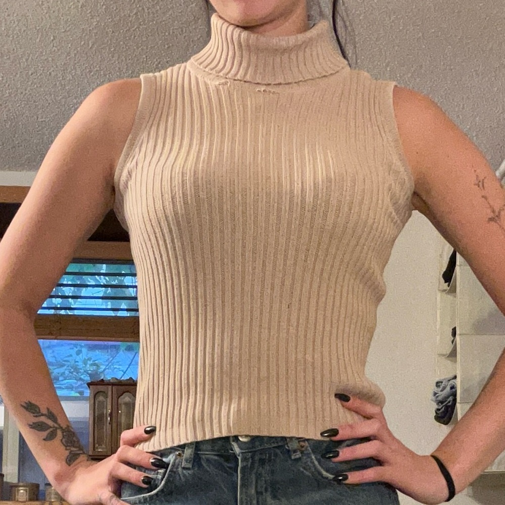 Beige Ribbed Turtleneck Sweater Tank Top / Vest